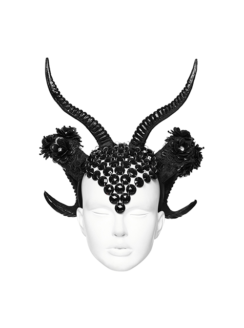 Halloween Black Plastic Horns Spliced Woven Two Sides Luxury Sparkling Diamond Gothic Devil Headdress