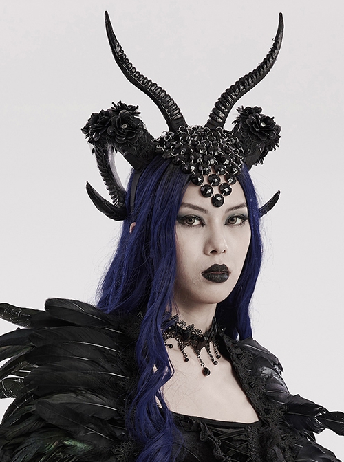 Halloween Black Plastic Horns Spliced Woven Two Sides Luxury Sparkling Diamond Gothic Devil Headdress