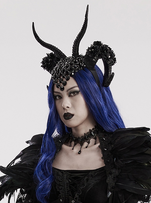 Halloween Black Plastic Horns Spliced Woven Two Sides Luxury Sparkling Diamond Gothic Devil Headdress