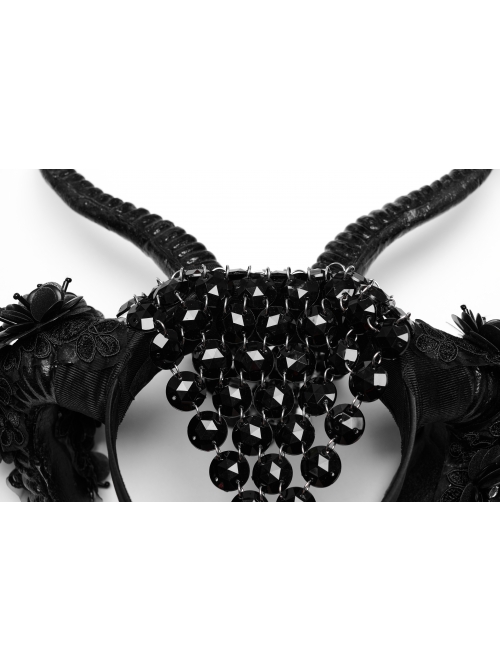 Halloween Black Plastic Horns Spliced Woven Two Sides Luxury Sparkling Diamond Gothic Devil Headdress