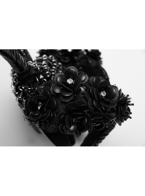 Halloween Black Plastic Horns Spliced Woven Two Sides Luxury Sparkling Diamond Gothic Devil Headdress