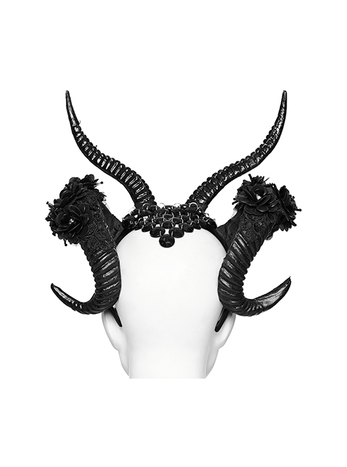 Halloween Black Plastic Horns Spliced Woven Two Sides Luxury Sparkling Diamond Gothic Devil Headdress