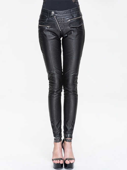Inclined Placket Zipper Rivet Trouser Mouth Silver Hand-Rubbed Leather Punk Pants