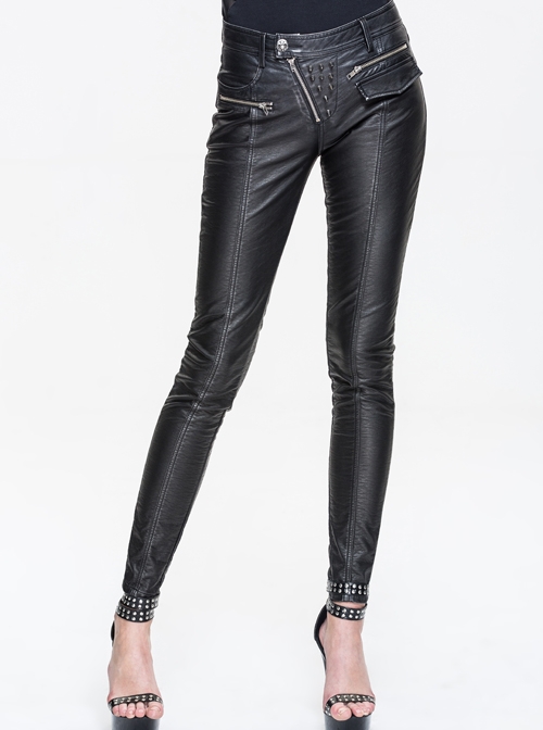 Inclined Placket Zipper Rivet Trouser Mouth Silver Hand-Rubbed Leather Punk Pants