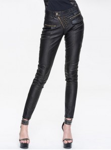 Inclined Placket Zipper Rivet Trouser Mouth Bronze Hand-Rubbed Leather Punk Pants