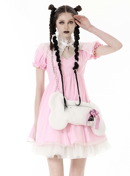 Personalized White Polyester Material With Pink Webbing Bow Decoration Gothic Style Bone Shoulder Bag