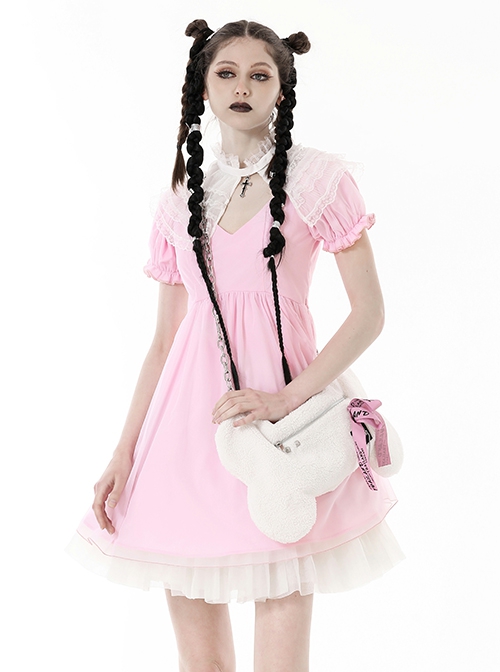 Personalized White Polyester Material With Pink Webbing Bow Decoration Gothic Style Bone Shoulder Bag