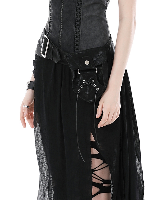 Adjustable Personalized Black PU Leather Practical Waist Bag With Metal Spiked Rivets Decorated Punk Style Rock Belt