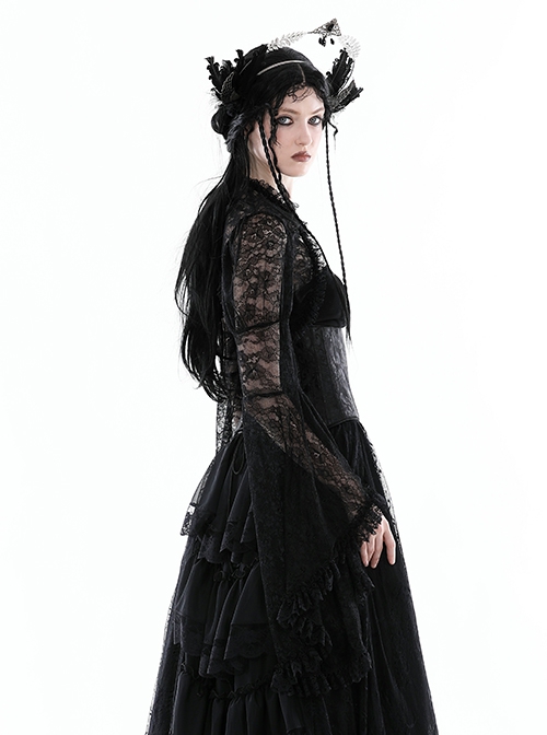 Black Thin Lace And Exquisite Lace Embellished With Gothic Style Long Sleeved Sexy Shawl