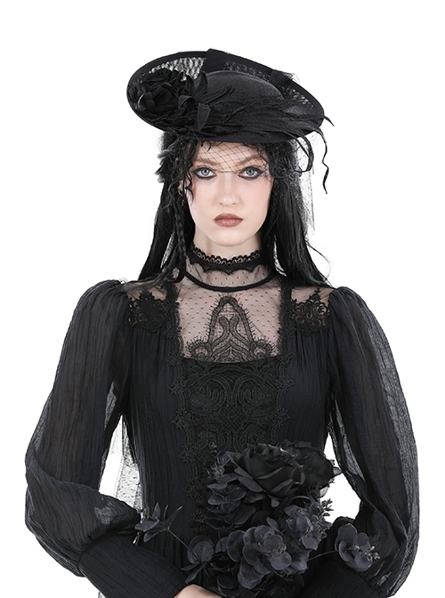 Black Sexy Women's Mesh Three Dimensional Flower Pattern Decorated Gothic Hat