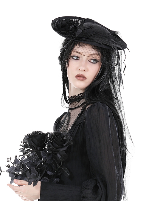 Black Sexy Women's Mesh Three Dimensional Flower Pattern Decorated Gothic Hat