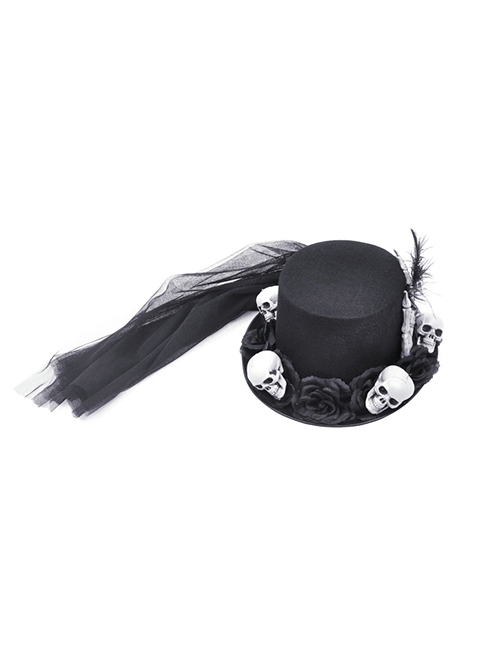 Handsome Black Polyester Brim With White Skull Decoration Punk Style Magic Hat