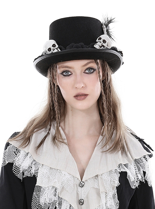 Handsome Black Polyester Brim With White Skull Decoration Punk Style Magic Hat