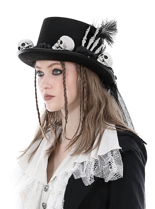 Handsome Black Polyester Brim With White Skull Decoration Punk Style Magic Hat