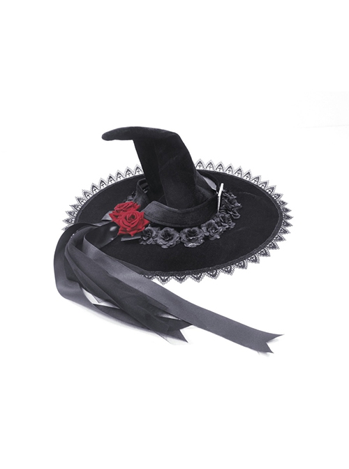 Halloween Black Pointed Top Exquisite Pattern Bound Gothic Style Witch Hat