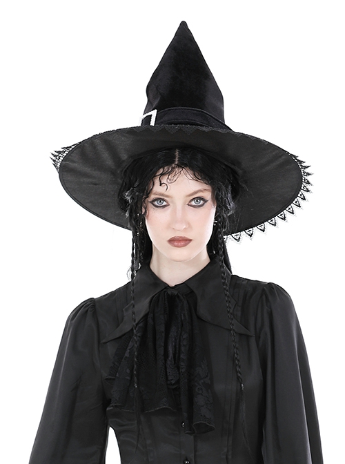 Halloween Black Pointed Top Exquisite Pattern Bound Gothic Style Witch Hat