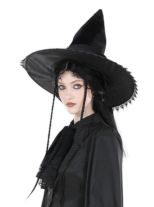 Halloween Black Pointed Top Exquisite Pattern Bound Gothic Style Witch Hat
