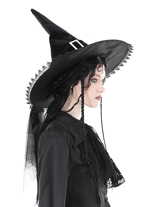 Halloween Black Pointed Top Exquisite Pattern Bound Gothic Style Witch Hat