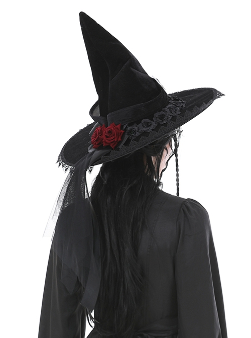 Halloween Black Pointed Top Exquisite Pattern Bound Gothic Style Witch Hat