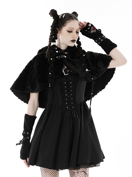 Black Plush Woven Bear Ears And Metal Buckle On The Chest Lolita Hooded Cape