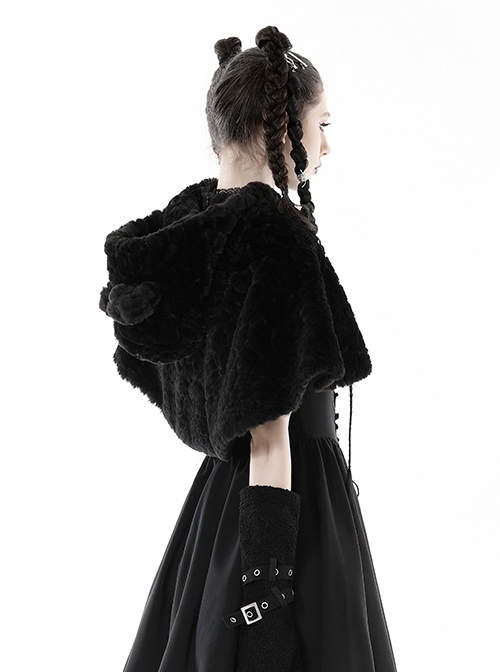 Black Plush Woven Bear Ears And Metal Buckle On The Chest Lolita Hooded Cape