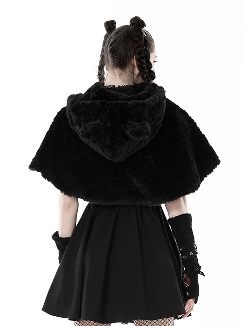 Black Plush Woven Bear Ears And Metal Buckle On The Chest Lolita Hooded Cape