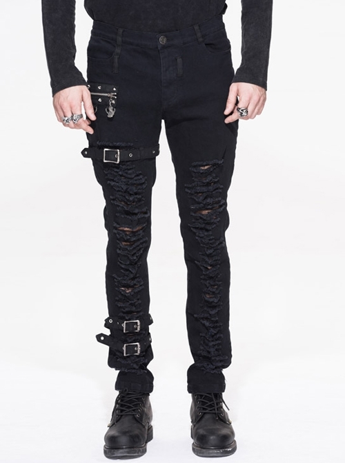 Stretch Broken Holes Zipper Rivet Dissymmetry Hasp Black Punk Pants