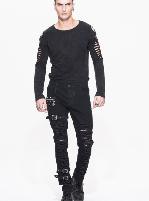 Stretch Broken Holes Zipper Rivet Dissymmetry Hasp Black Punk Pants