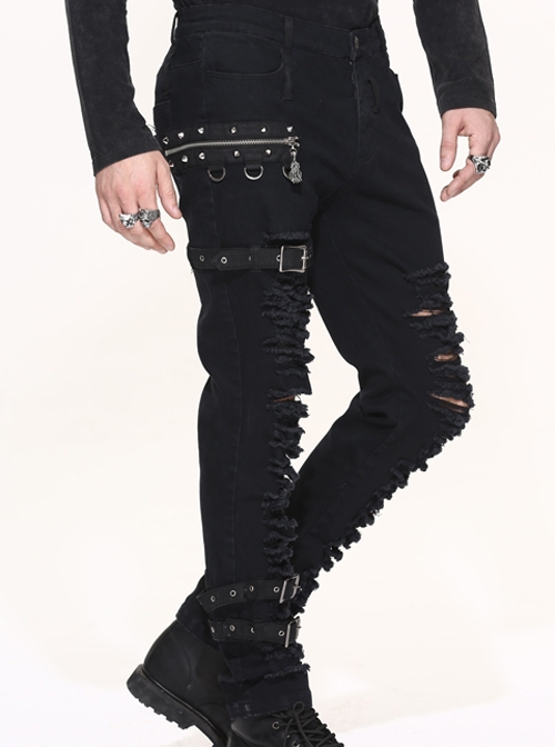 Stretch Broken Holes Zipper Rivet Dissymmetry Hasp Black Punk Pants
