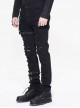 Stretch Broken Holes Zipper Rivet Dissymmetry Hasp Black Punk Pants