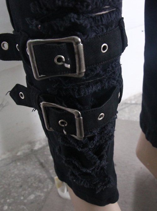 Stretch Broken Holes Zipper Rivet Dissymmetry Hasp Black Punk Pants