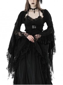 Retro Black Floral Print Woven Splicing Lace Decoration Gothic Bell Sleeve Cape