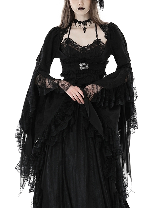 Retro Black Floral Print Woven Splicing Lace Decoration Gothic Bell Sleeve Cape