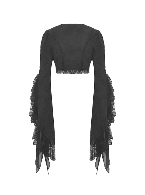 Retro Black Floral Print Woven Splicing Lace Decoration Gothic Bell Sleeve Cape