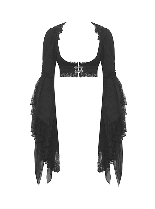 Retro Black Floral Print Woven Splicing Lace Decoration Gothic Bell Sleeve Cape
