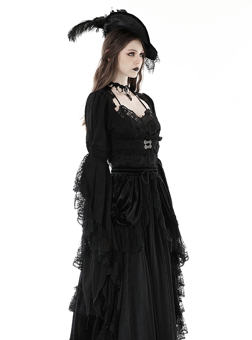 Retro Black Floral Print Woven Splicing Lace Decoration Gothic Bell Sleeve Cape