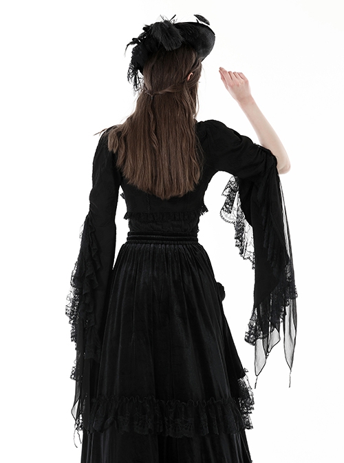 Retro Black Floral Print Woven Splicing Lace Decoration Gothic Bell Sleeve Cape