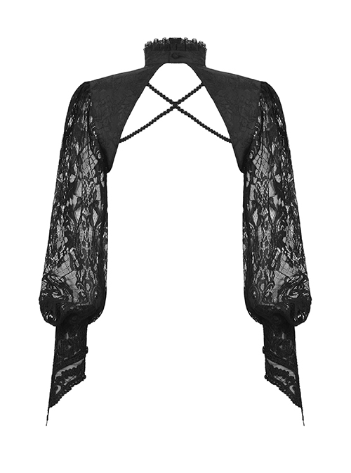 Retro Black Woven Patchwork Lace Long Sleeved Gothic See Through Cape