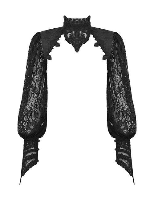 Retro Black Woven Patchwork Lace Long Sleeved Gothic See Through Cape
