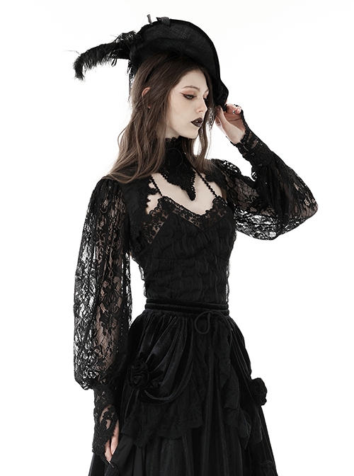 Retro Black Woven Patchwork Lace Long Sleeved Gothic See Through Cape