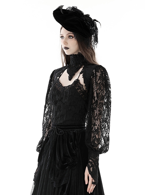 Retro Black Woven Patchwork Lace Long Sleeved Gothic See Through Cape