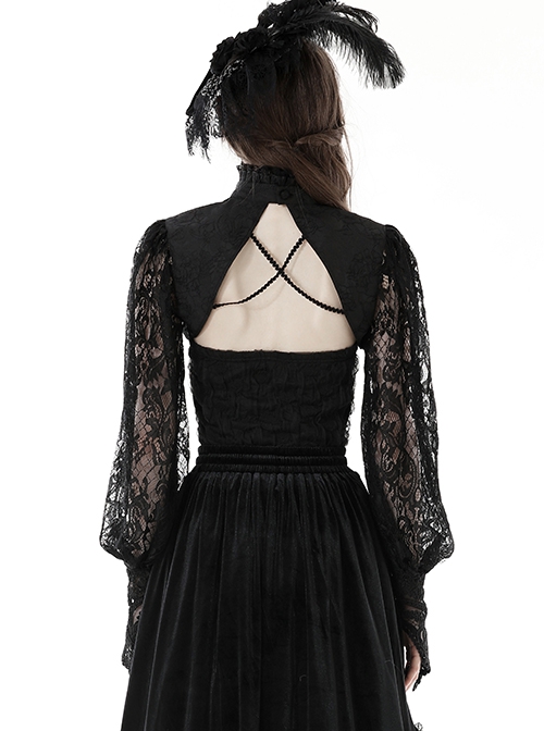 Retro Black Woven Patchwork Lace Long Sleeved Gothic See Through Cape