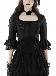 Black Gorgeous Retro Woven Exquisite Round Neck Patchwork Pattern Webbing Gothic Style Long Sleeved Blouses