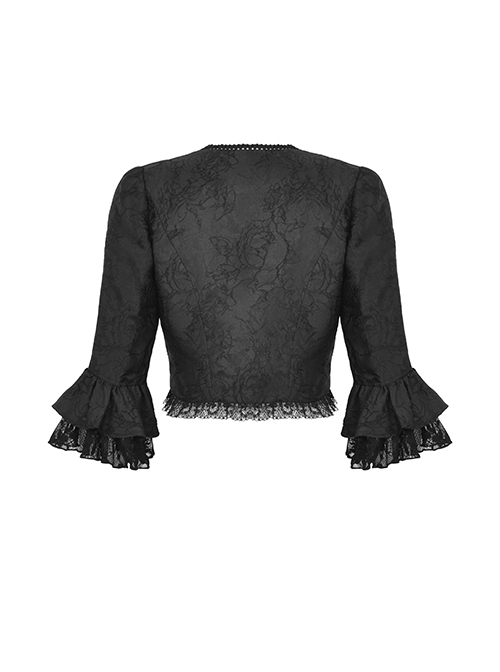 Black Gorgeous Retro Woven Exquisite Round Neck Patchwork Pattern Webbing Gothic Style Long Sleeved Blouses