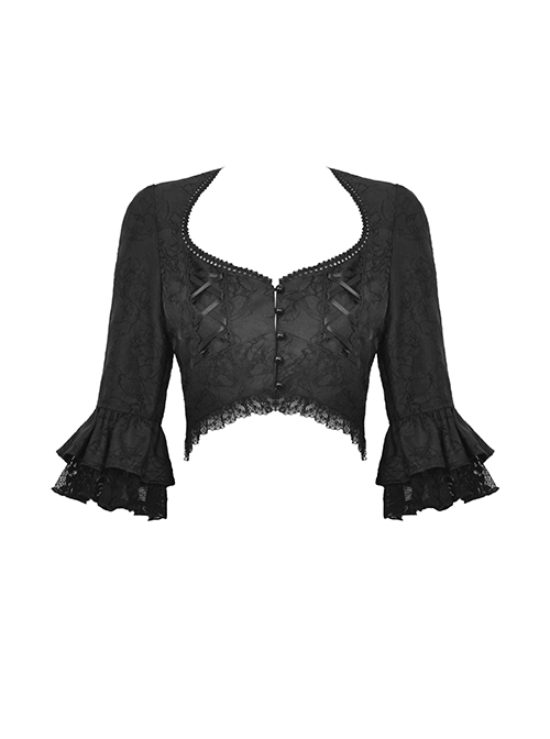 Black Gorgeous Retro Woven Exquisite Round Neck Patchwork Pattern Webbing Gothic Style Long Sleeved Blouses