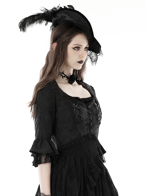 Black Gorgeous Retro Woven Exquisite Round Neck Patchwork Pattern Webbing Gothic Style Long Sleeved Blouses