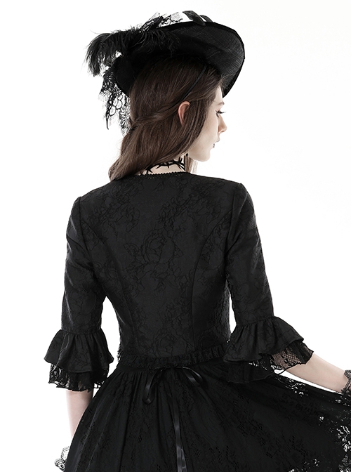 Black Gorgeous Retro Woven Exquisite Round Neck Patchwork Pattern Webbing Gothic Style Long Sleeved Blouses