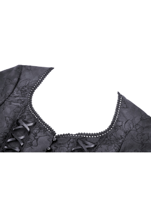 Black Gorgeous Retro Woven Exquisite Round Neck Patchwork Pattern Webbing Gothic Style Long Sleeved Blouses