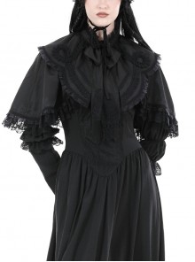 Low Key Black Woven Material Bow Decoration On The Neckline And Exquisite Lace Gothic Style Palace Cloak