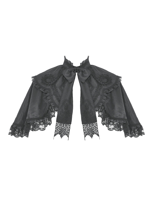 Low Key Black Woven Material Bow Decoration On The Neckline And Exquisite Lace Gothic Style Palace Cloak